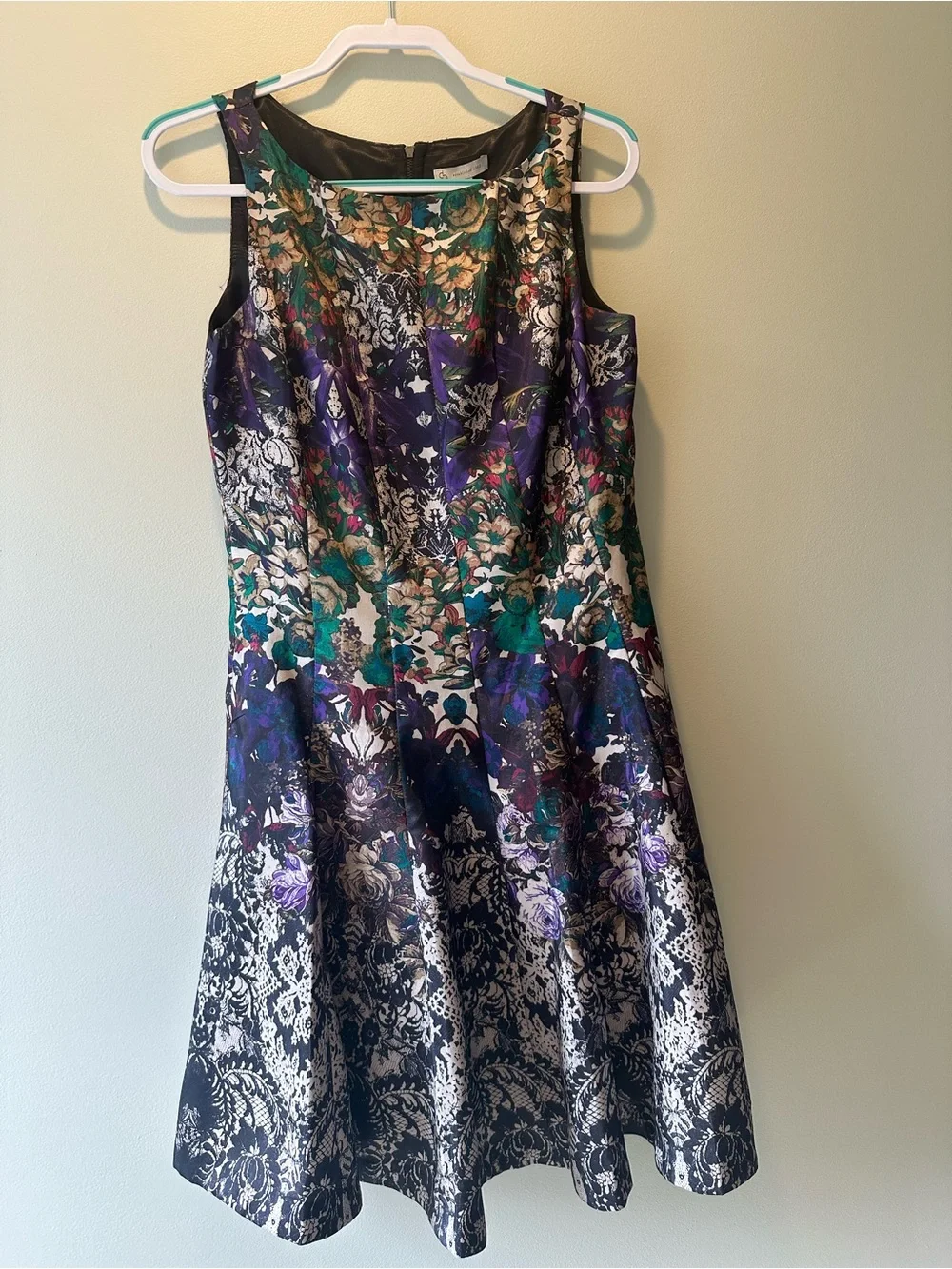 Dressbarn Sleeveless Floral Brocade A-Line Dress in Purple, Teal, Black - Picture 1 of 8